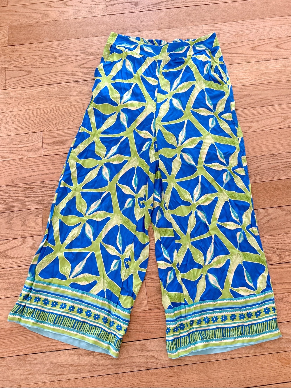 Haute Hippie Bright Blue & Lime Green Patterned Wide Leg Palazzo Pants Medium